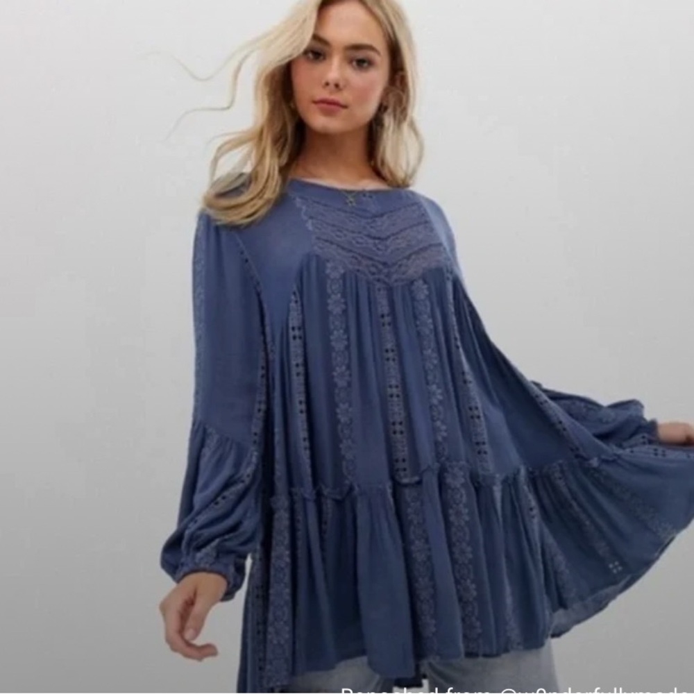 FREE PEOPLE KISS KISS BOHO Lace Tunic/Dress DENIM BLUE SIZE S/P
